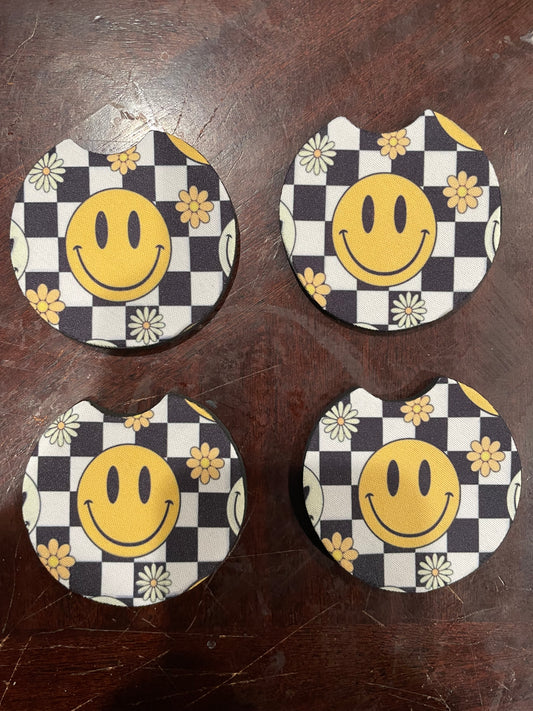Checkered Smiley face car coasters